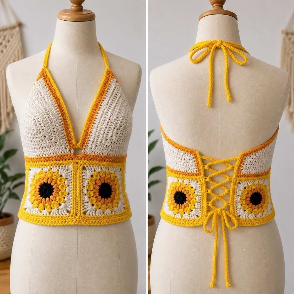 Handmade Sunflower Crochet Halter Crop Top XS Boho Festival Corset Back Tank